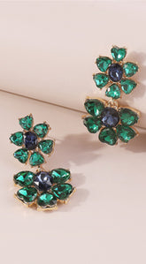 Ria Tiers Rhinestone Flower Dangle Earrings - Green